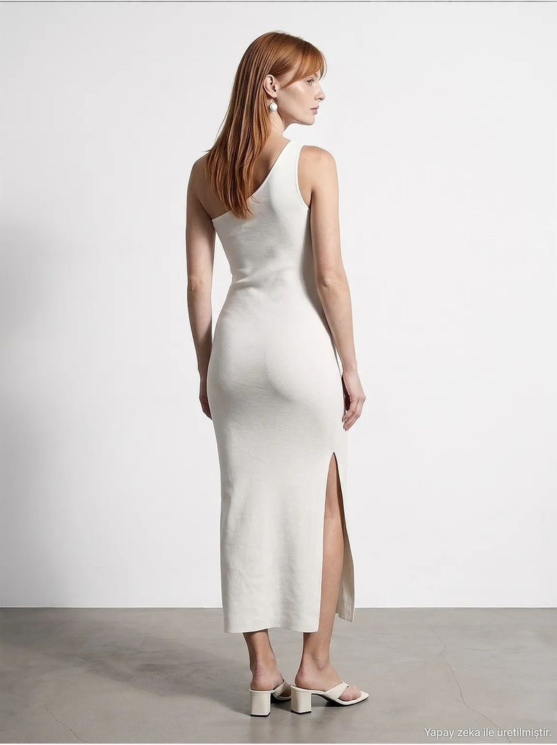 Robe midi asymétrique en maille côtelée, une épaule dilvin Blanc cassé - Kiabi