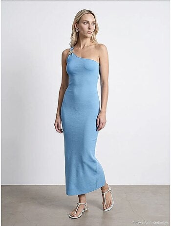 Robe midi asymétrique en maille côtelée, une épaule dilvin