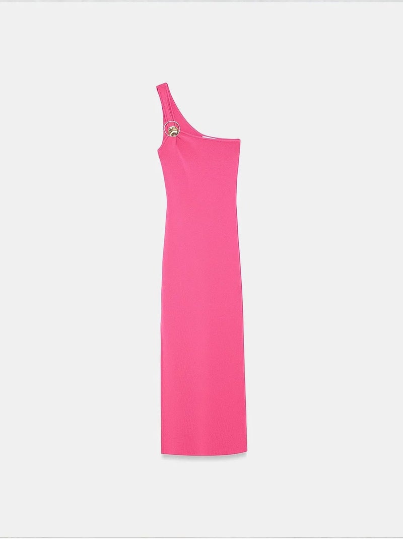 Robe midi asymétrique en maille côtelée, une épaule dilvin Magenta - Kiabi