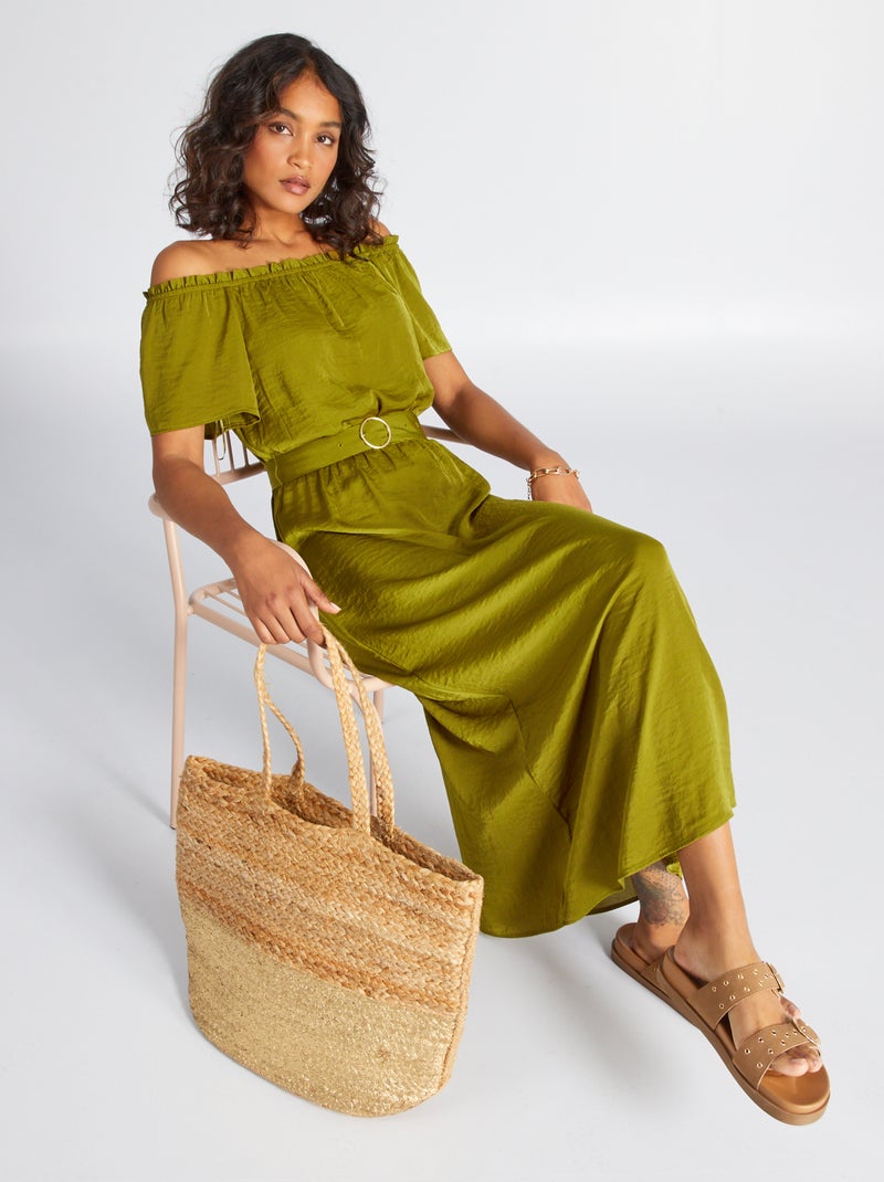 Robe midi avec col bardot Vert - Kiabi