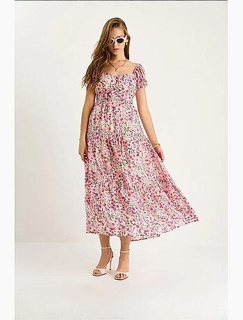 Robe midi avec col cœur et détail rose lucci