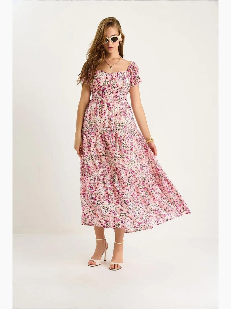 Robe midi avec col cœur et détail rose lucci Rose clair - Kiabi