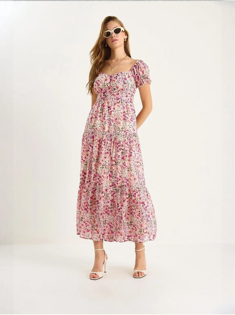 Robe midi avec col cœur et détail rose lucci Rose clair - Kiabi
