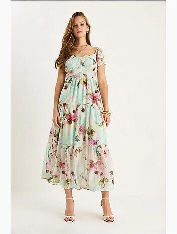 Robe midi avec col cœur et détail rose lucci