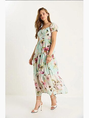 Robe midi avec col cœur et détail rose lucci