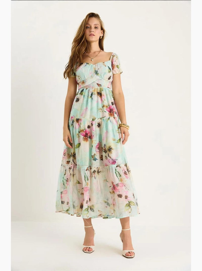 Robe midi avec col cœur et détail rose lucci Vert menthe - Kiabi