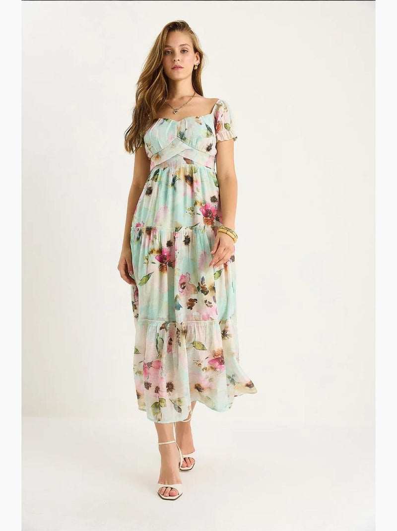 Robe midi avec col cœur et détail rose lucci Vert menthe - Kiabi