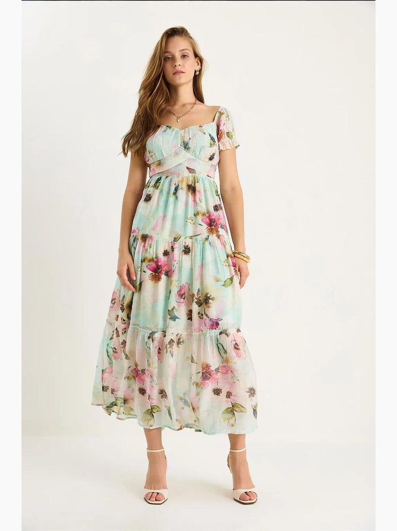 Robe midi avec col cœur et détail rose lucci Vert menthe - Kiabi