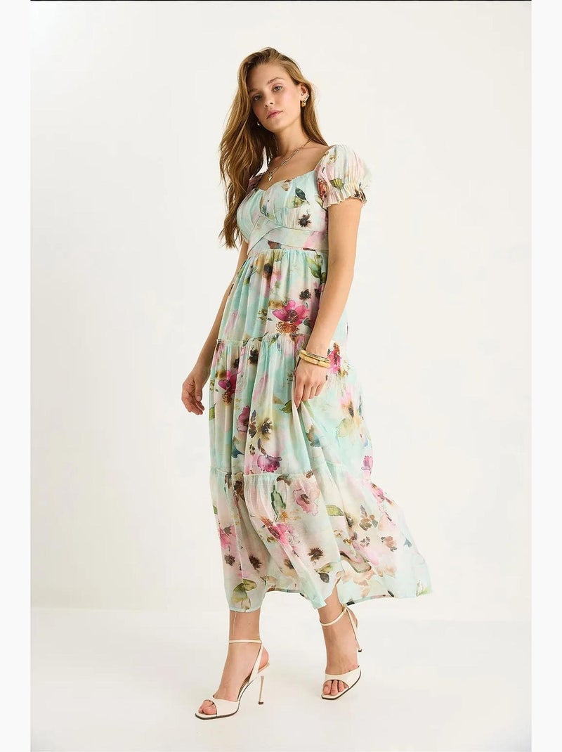 Robe midi avec col cœur et détail rose lucci Vert menthe - Kiabi