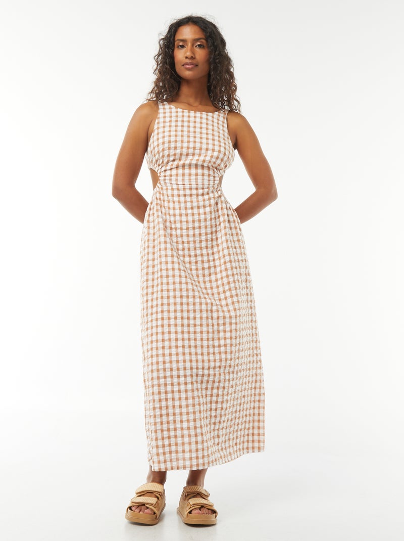 Robe midi avec dos nu et imprimé vichy Beige - Kiabi