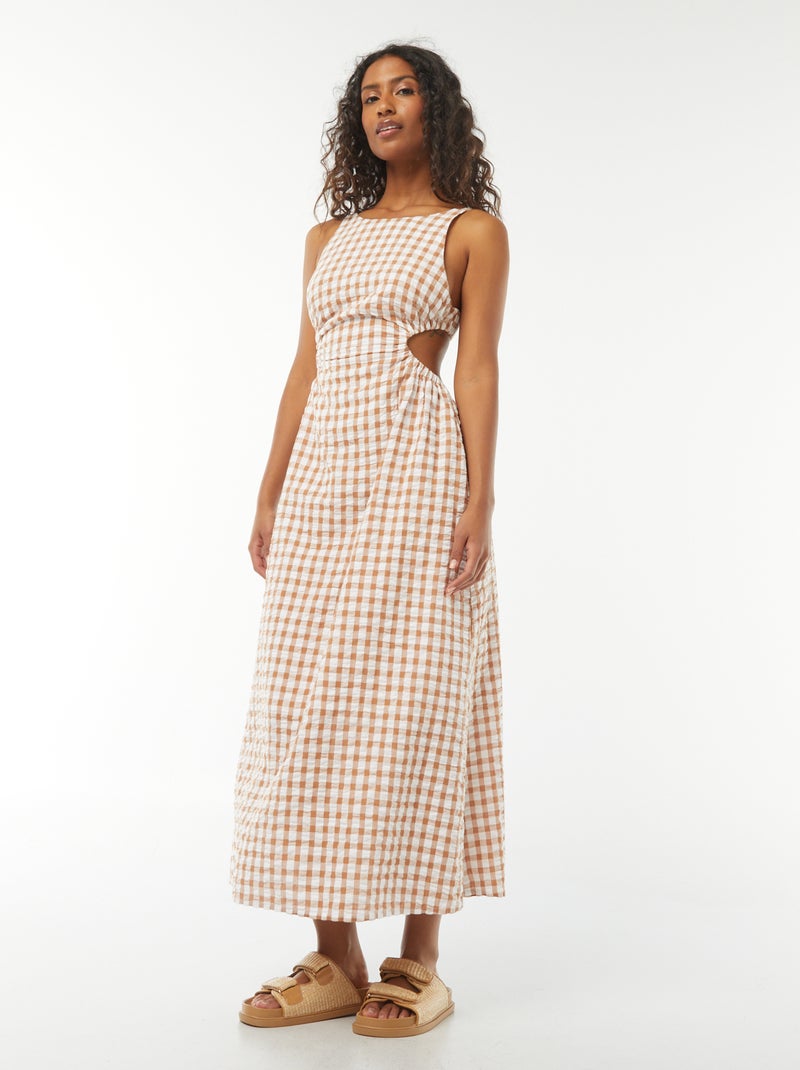 Robe midi avec dos nu et imprimé vichy Beige - Kiabi