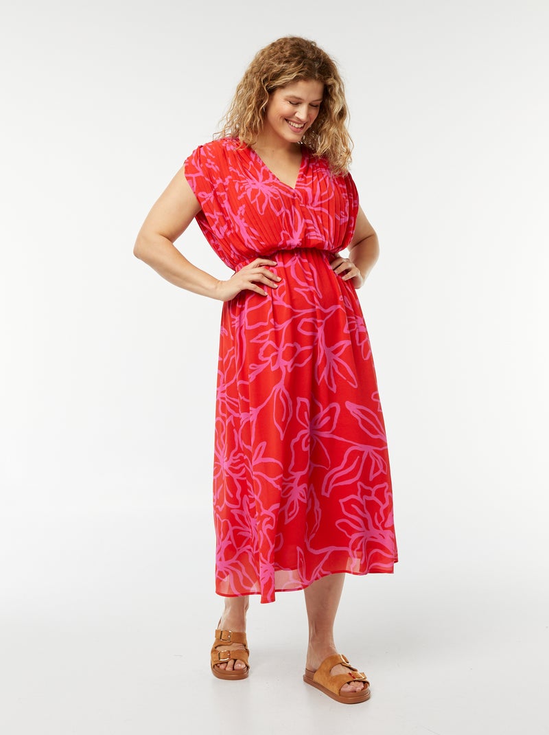 Robe midi avec emmanchures descendues et haut plissé Rouge imprimé - Kiabi