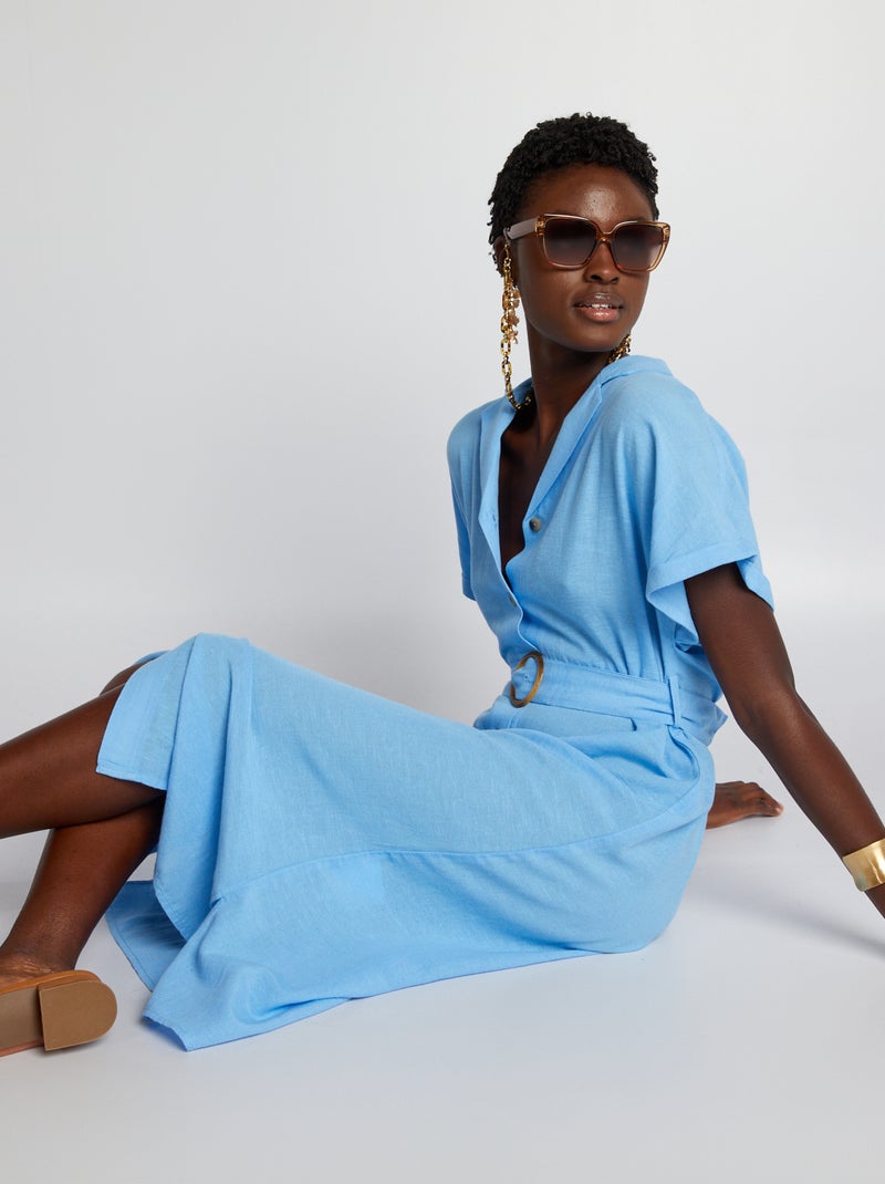 Robe midi avec lin mélangé et ceinture Bleu - Kiabi