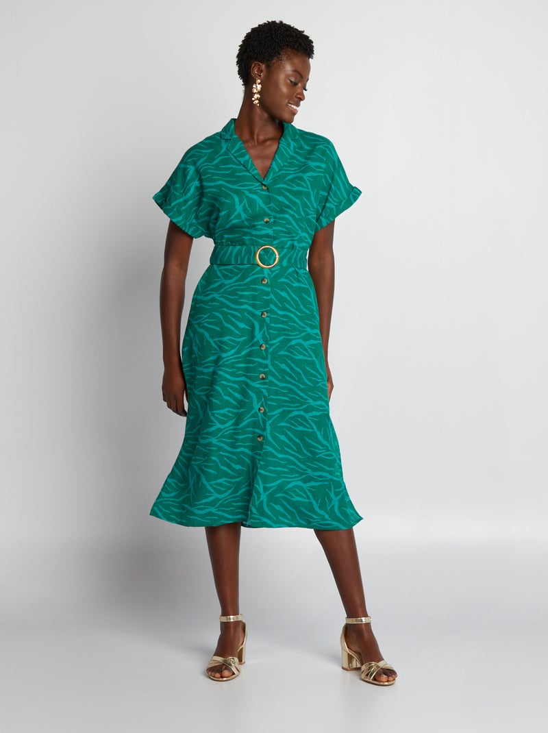 Robe midi avec lin mélangé et ceinture Vert imprimé - Kiabi