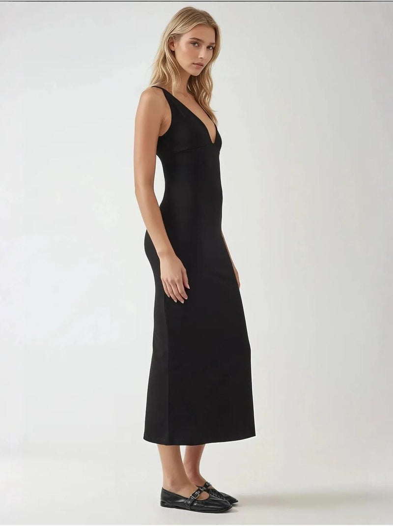 Robe midi basique à col en v et coupe ajustée Noir - Kiabi
