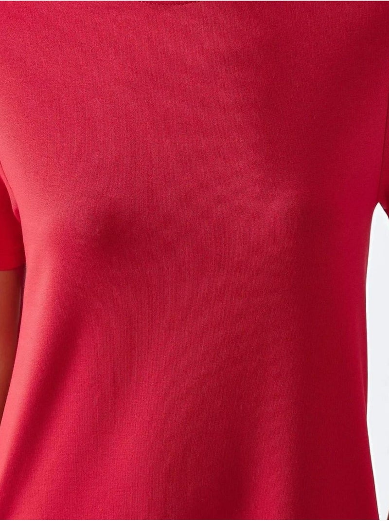 Robe midi basique à col ras du cou et manches courtes Rouge - Kiabi