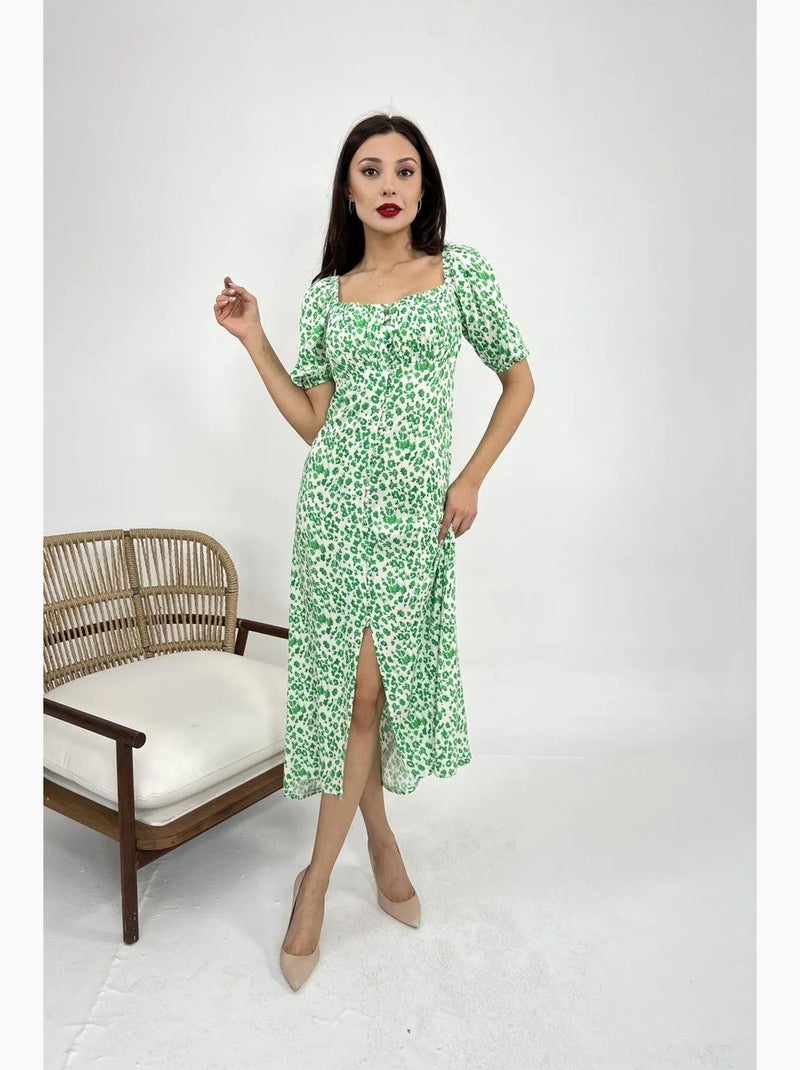 Robe midi boutonnée à pois avec col carré janes Vert émeraude - Kiabi