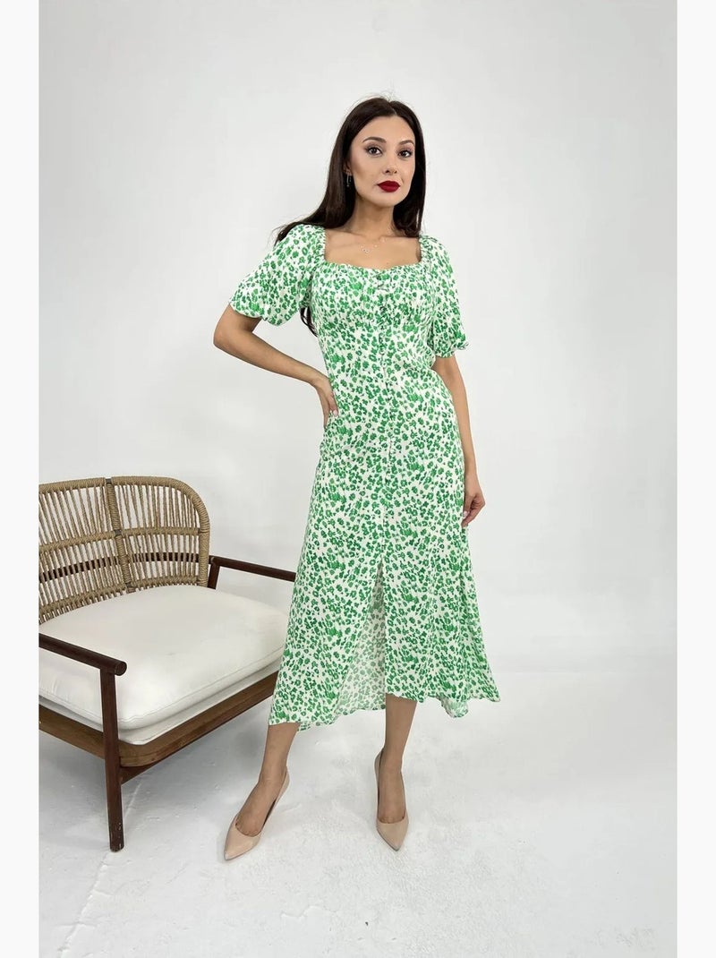 Robe midi boutonnée à pois avec col carré janes Vert émeraude - Kiabi
