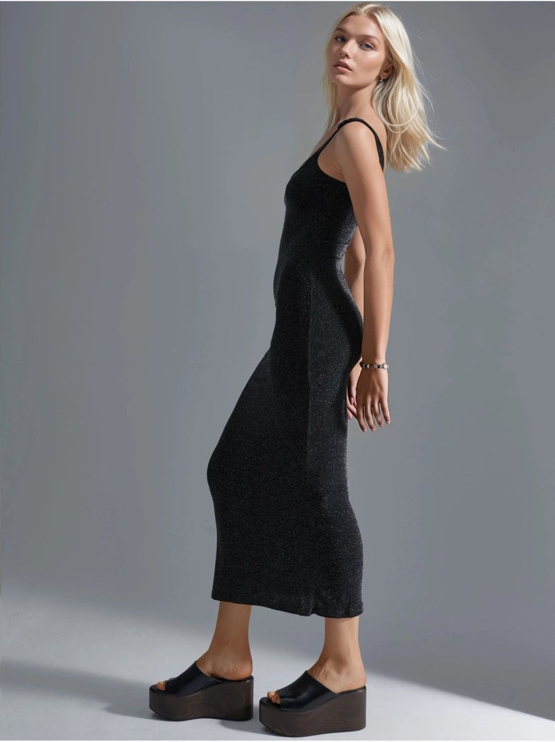 Robe midi brillante à col en u busem Noir - Kiabi