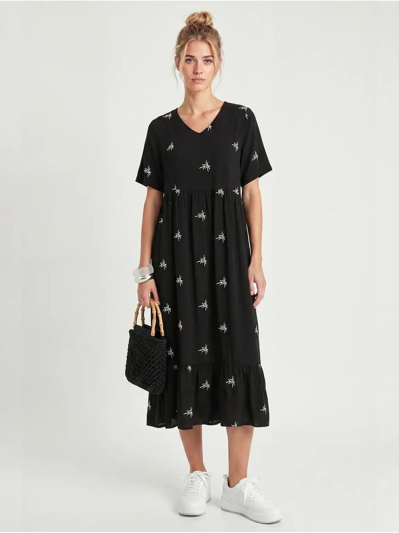 Robe midi brodée à col v istanbul Noir - Kiabi
