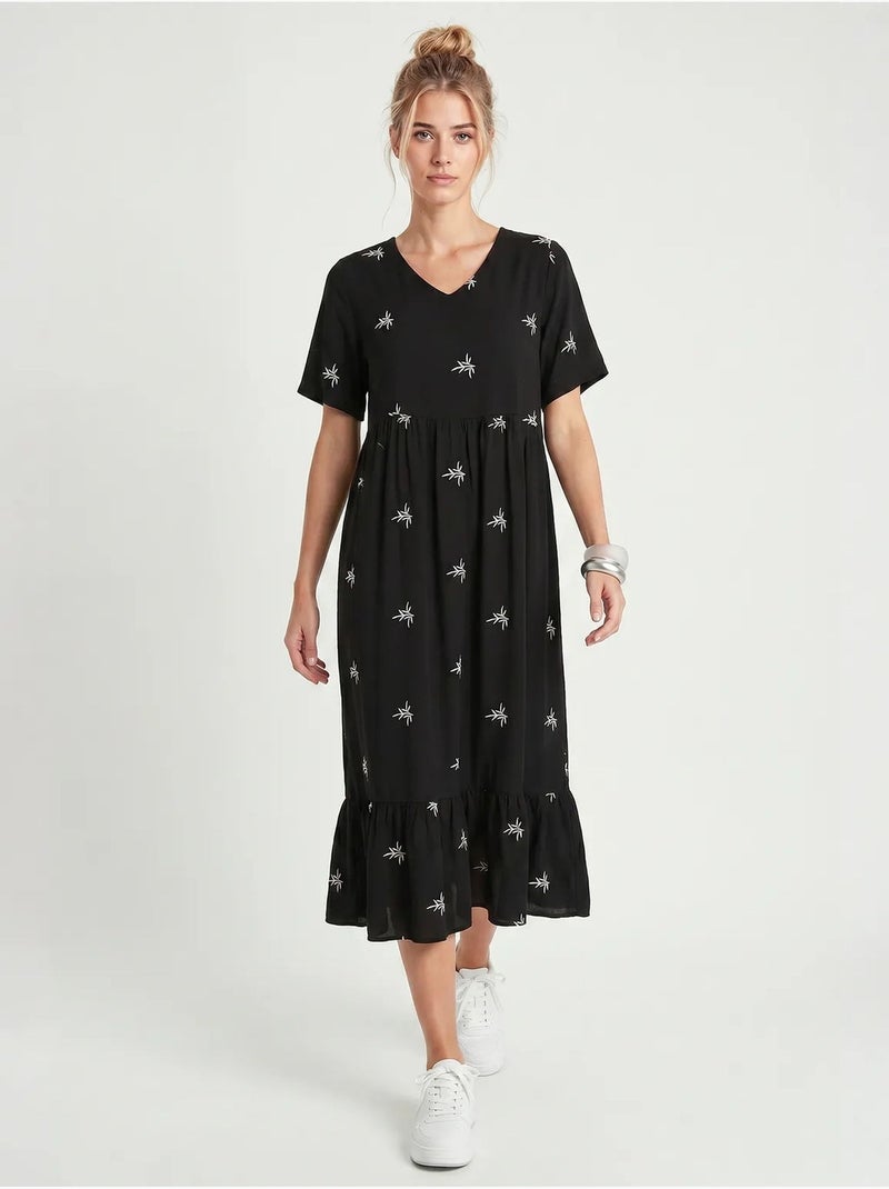Robe midi brodée à col v istanbul Noir - Kiabi