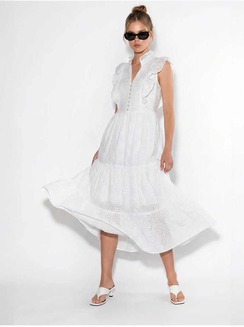 Robe midi brodée en mélange de coton lucci Blanc - Kiabi