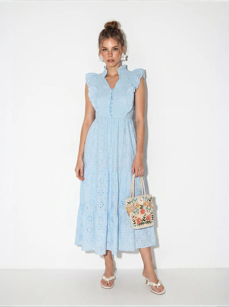 Robe midi brodée en mélange de coton lucci Bleu ciel - Kiabi