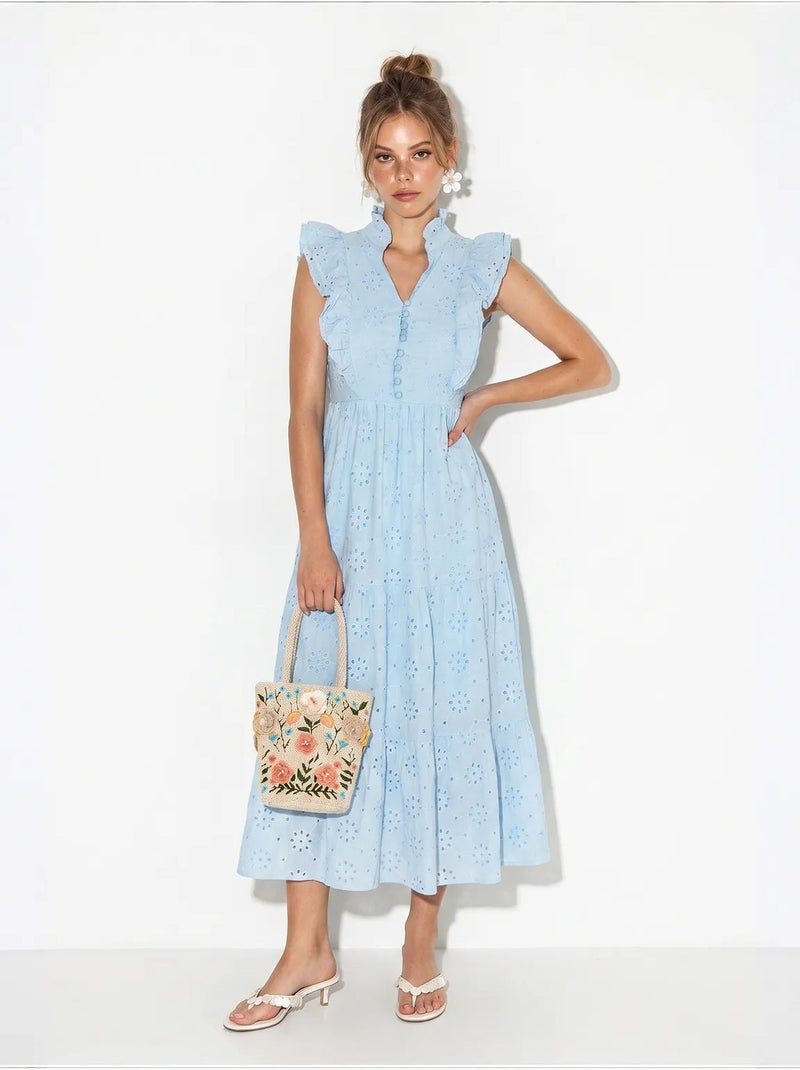 Robe midi brodée en mélange de coton lucci Bleu ciel - Kiabi