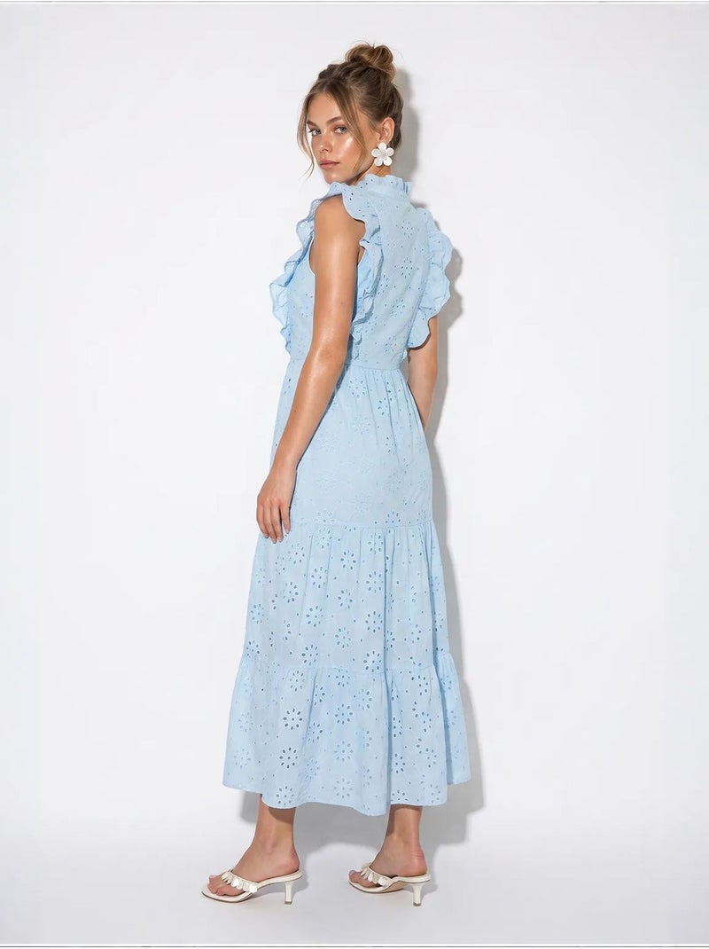 Robe midi brodée en mélange de coton lucci Bleu ciel - Kiabi