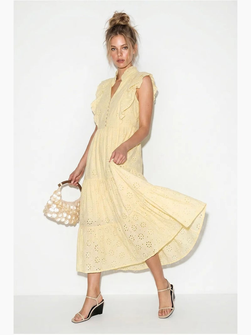 Robe midi brodée en mélange de coton lucci Jaune citron - Kiabi