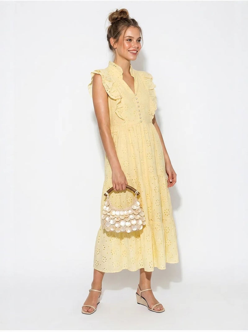 Robe midi brodée en mélange de coton lucci Jaune citron - Kiabi