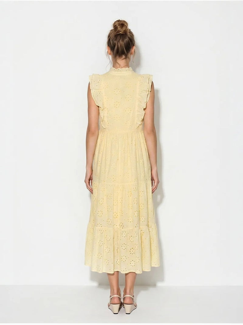 Robe midi brodée en mélange de coton lucci Jaune citron - Kiabi