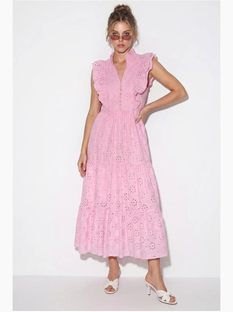 Robe midi brodée en mélange de coton lucci Rose - Kiabi