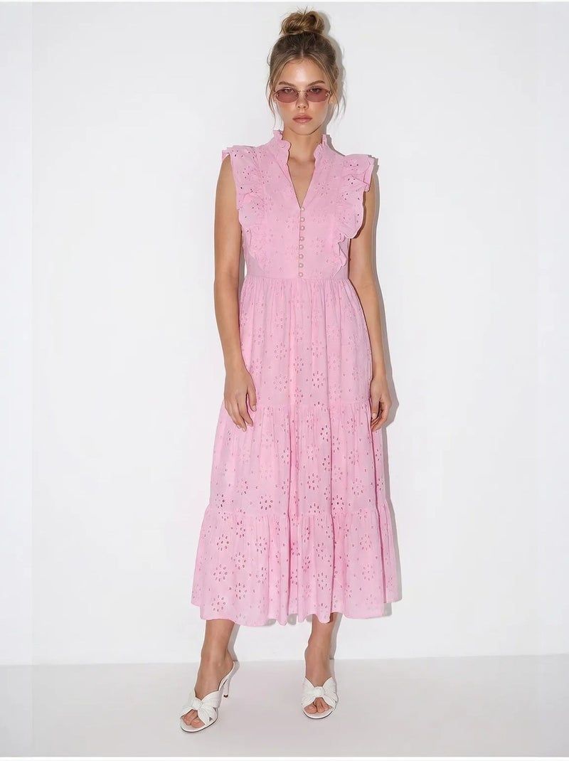 Robe midi brodée en mélange de coton lucci Rose - Kiabi