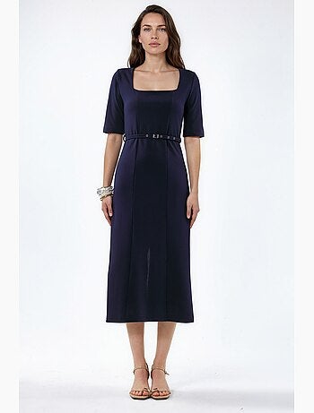 Robe midi ceinturée à col carré busem