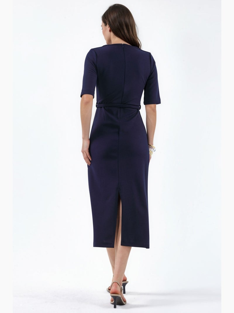 Robe midi ceinturée à col carré busem Bleu marine - Kiabi