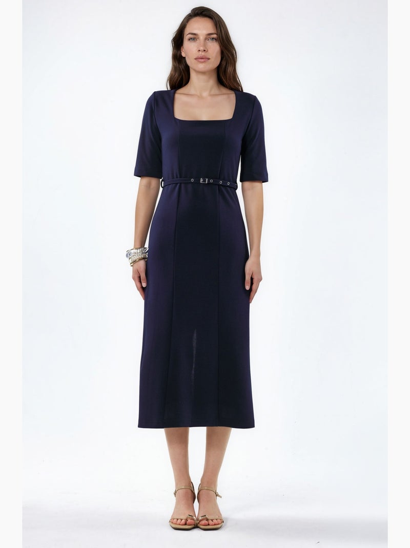 Robe midi ceinturée à col carré busem Bleu marine - Kiabi