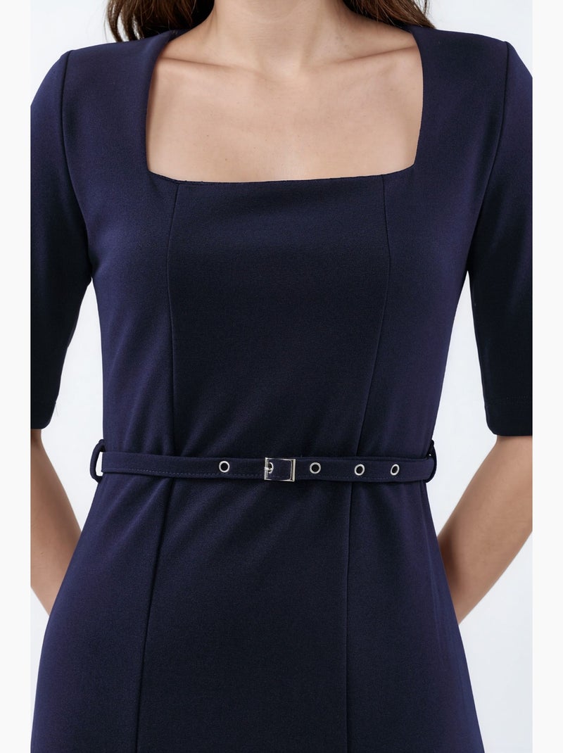 Robe midi ceinturée à col carré busem Bleu marine - Kiabi