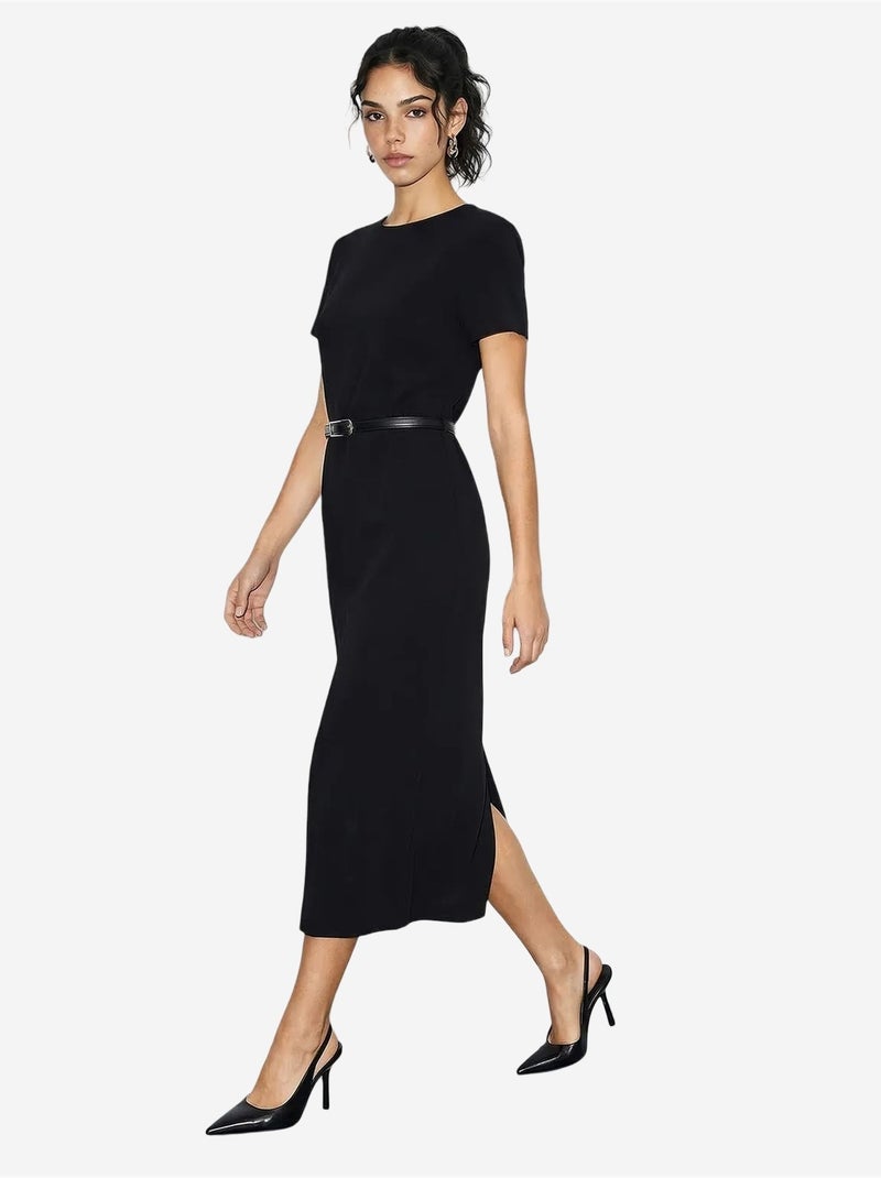 Robe midi cintrée à ceinture et col rond lucci Noir - Kiabi