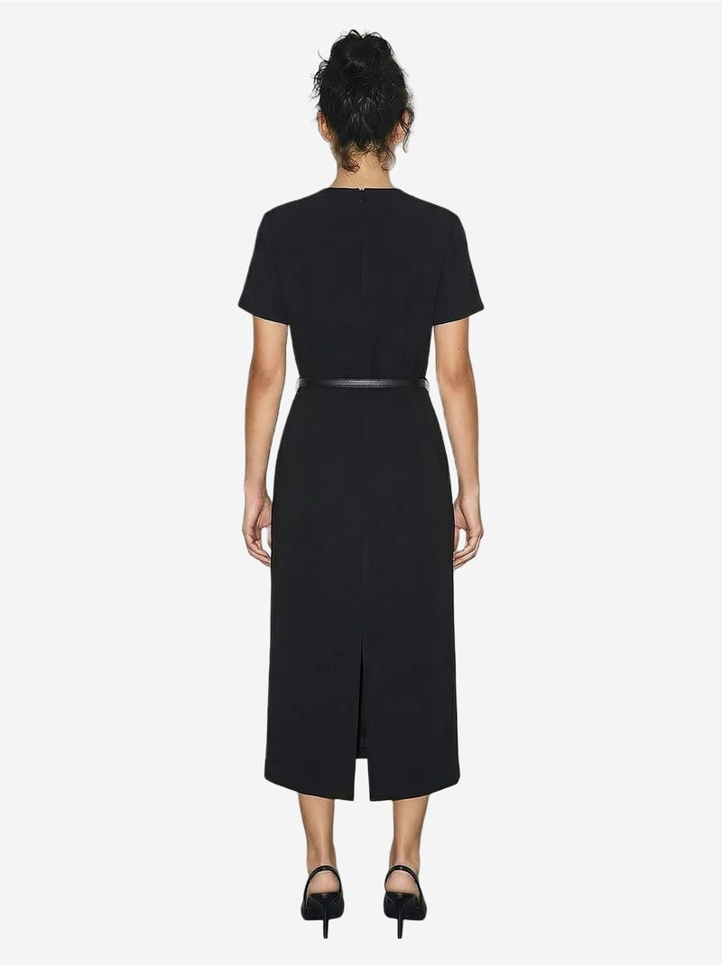 Robe midi cintrée à ceinture et col rond lucci Noir - Kiabi