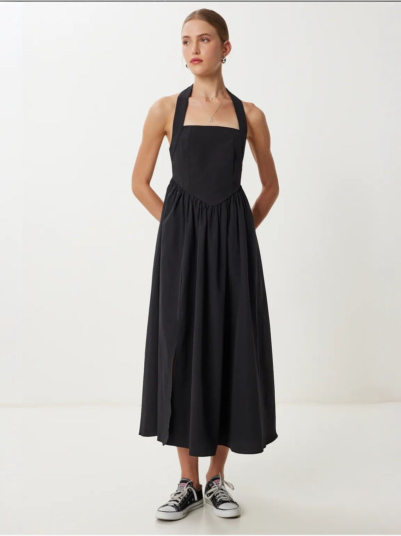 Robe midi cintrée à col carré istanbul Noir - Kiabi