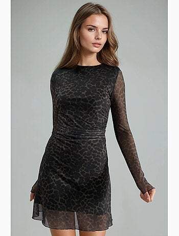 Robe midi cintrée à imprimé léopard et col bateau busem