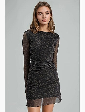 Robe midi cintrée à imprimé léopard et col bateau busem