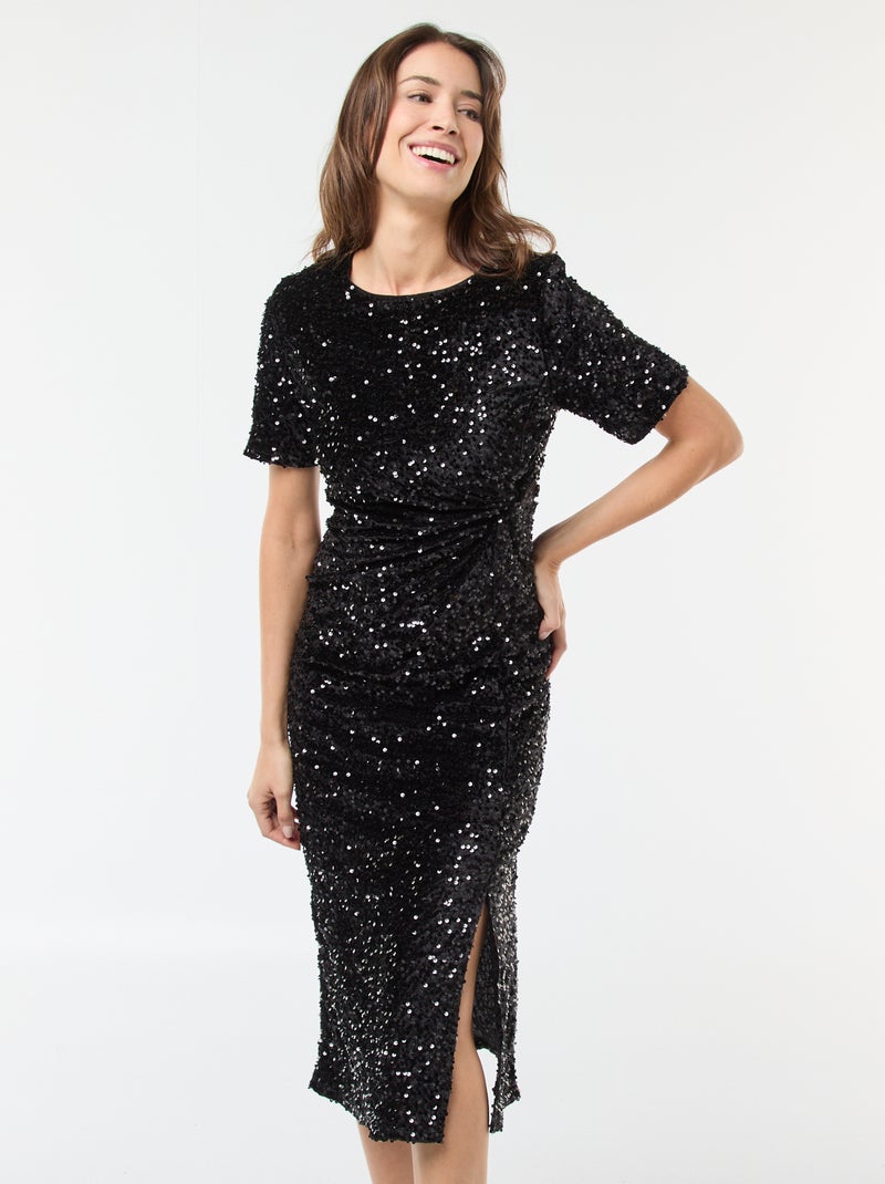 Robe midi col rond en sequins uni Noir - Kiabi