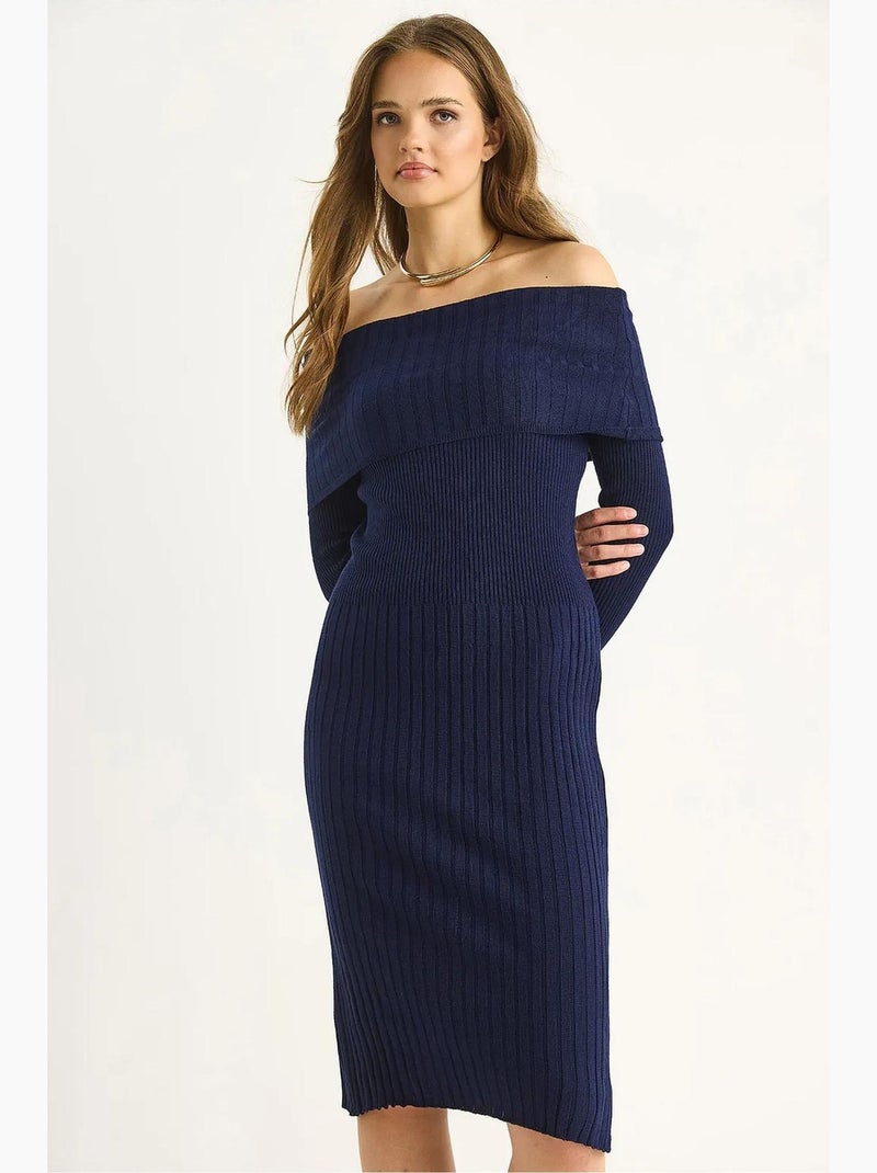 Robe midi côtelée à col en u lucci Bleu marine - Kiabi