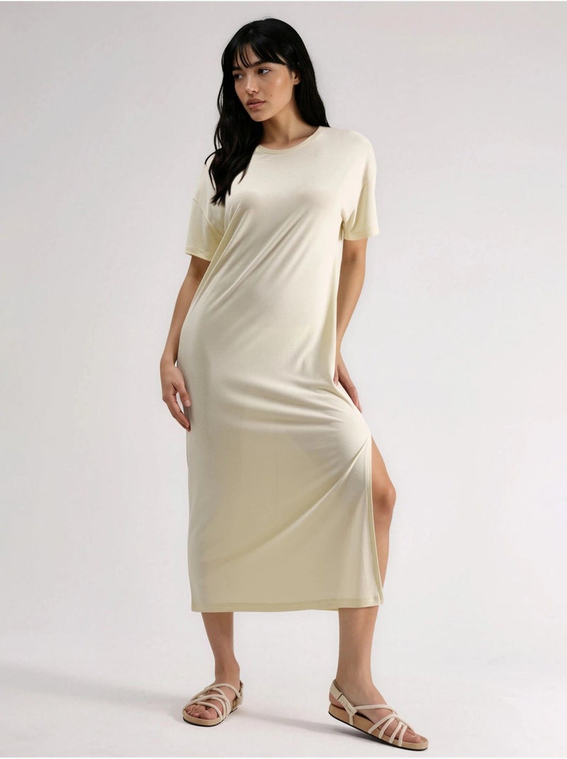 Robe midi côtelée à col rond busem Jaune citron - Kiabi