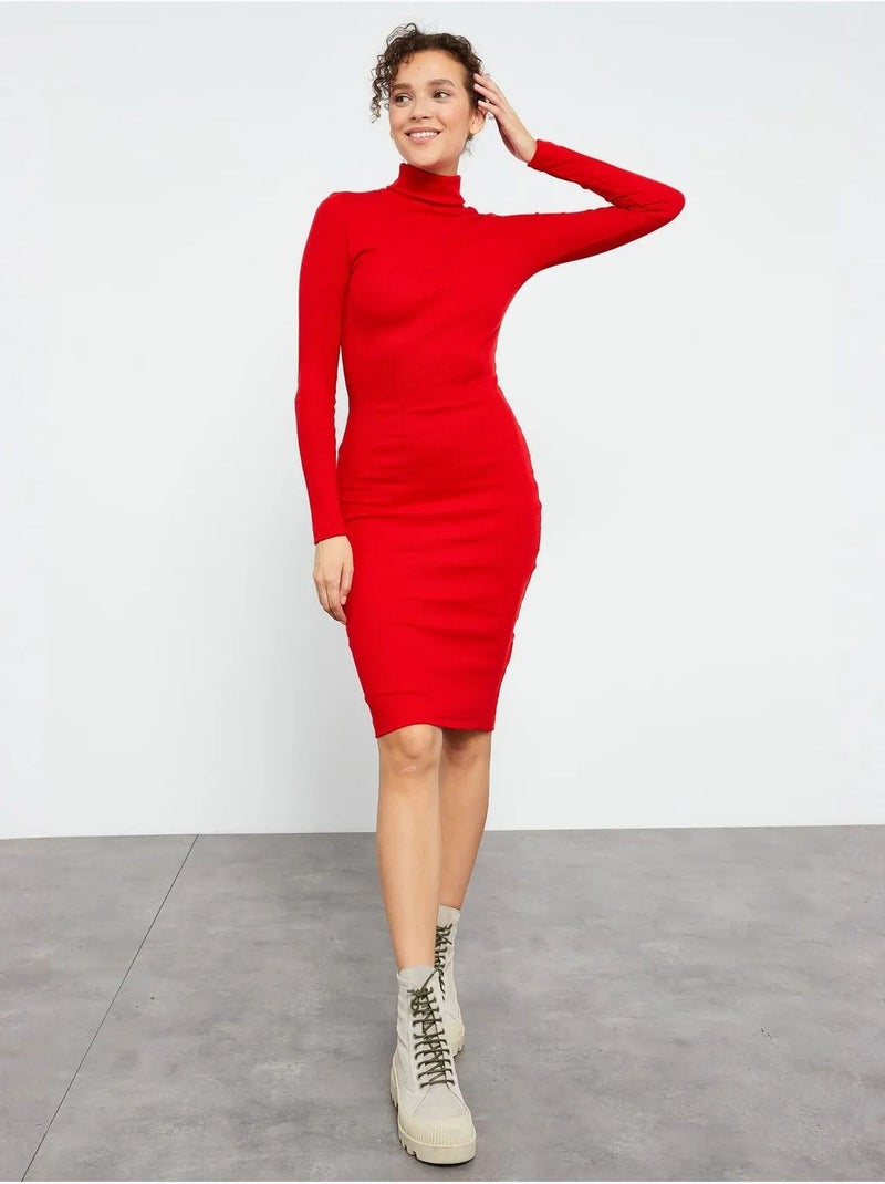 Robe midi côtelée à col roulé tommy Rouge - Kiabi