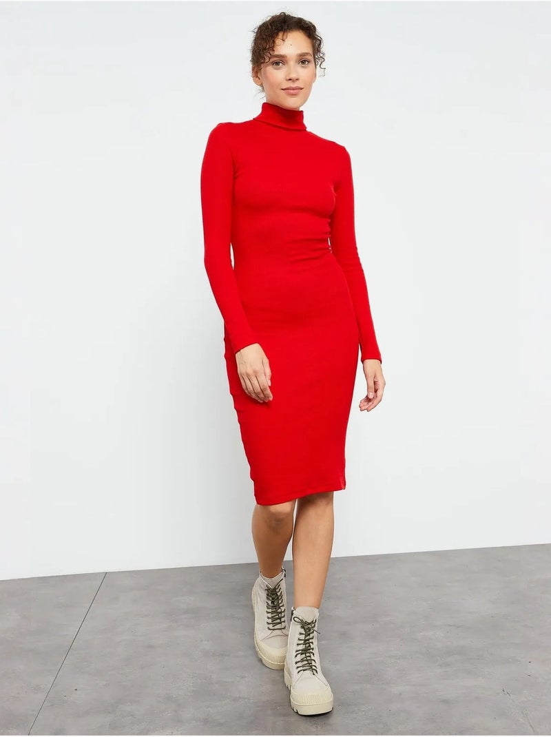 Robe midi côtelée à col roulé tommy Rouge - Kiabi