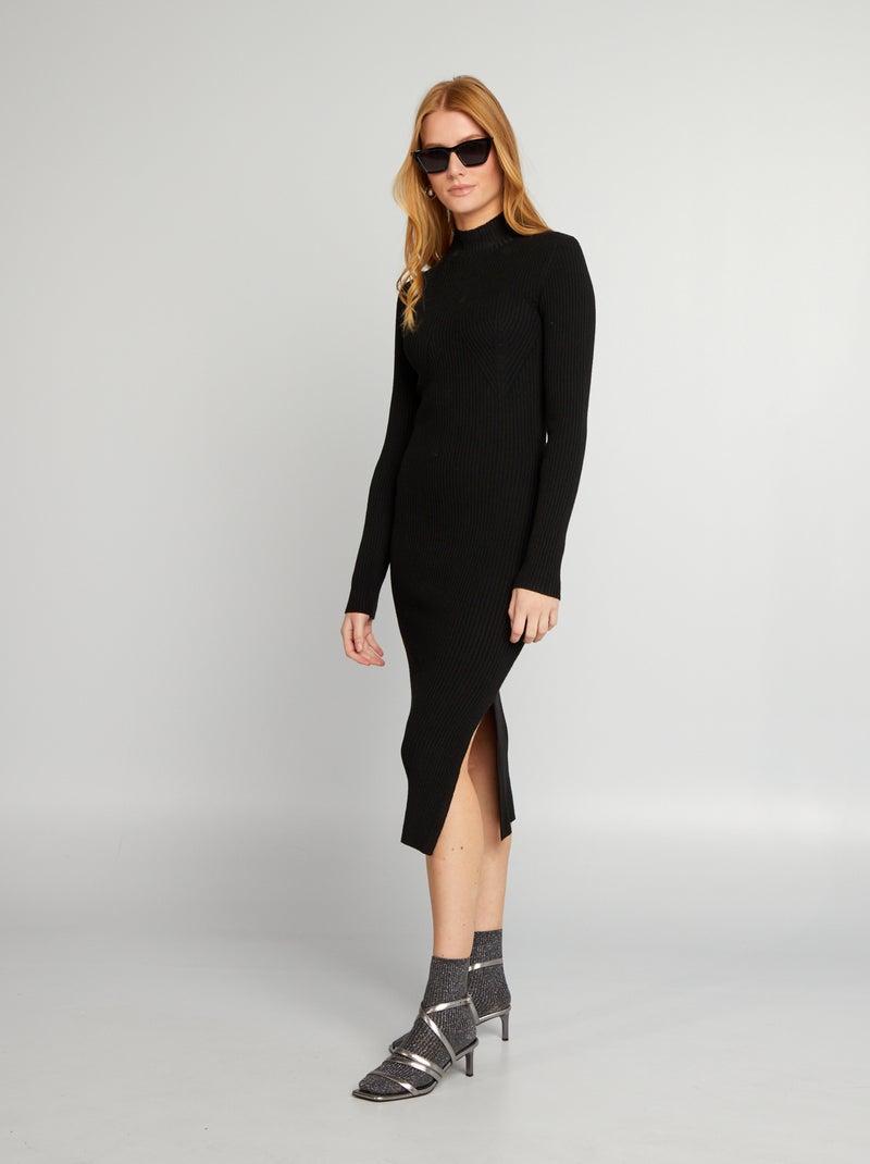 Robe midi côtelée avec col montant noir - Kiabi