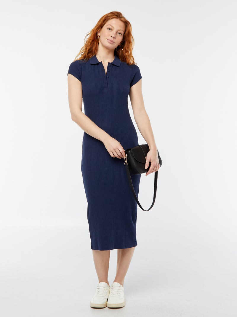 Robe midi côtelée avec un col polo NOIR - Kiabi